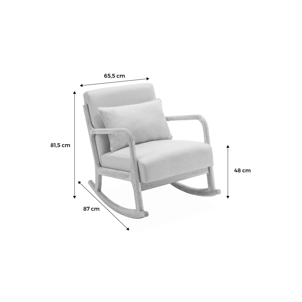 Poltrona scandinava a dondolo in legno e tessuto con braccioli, beige