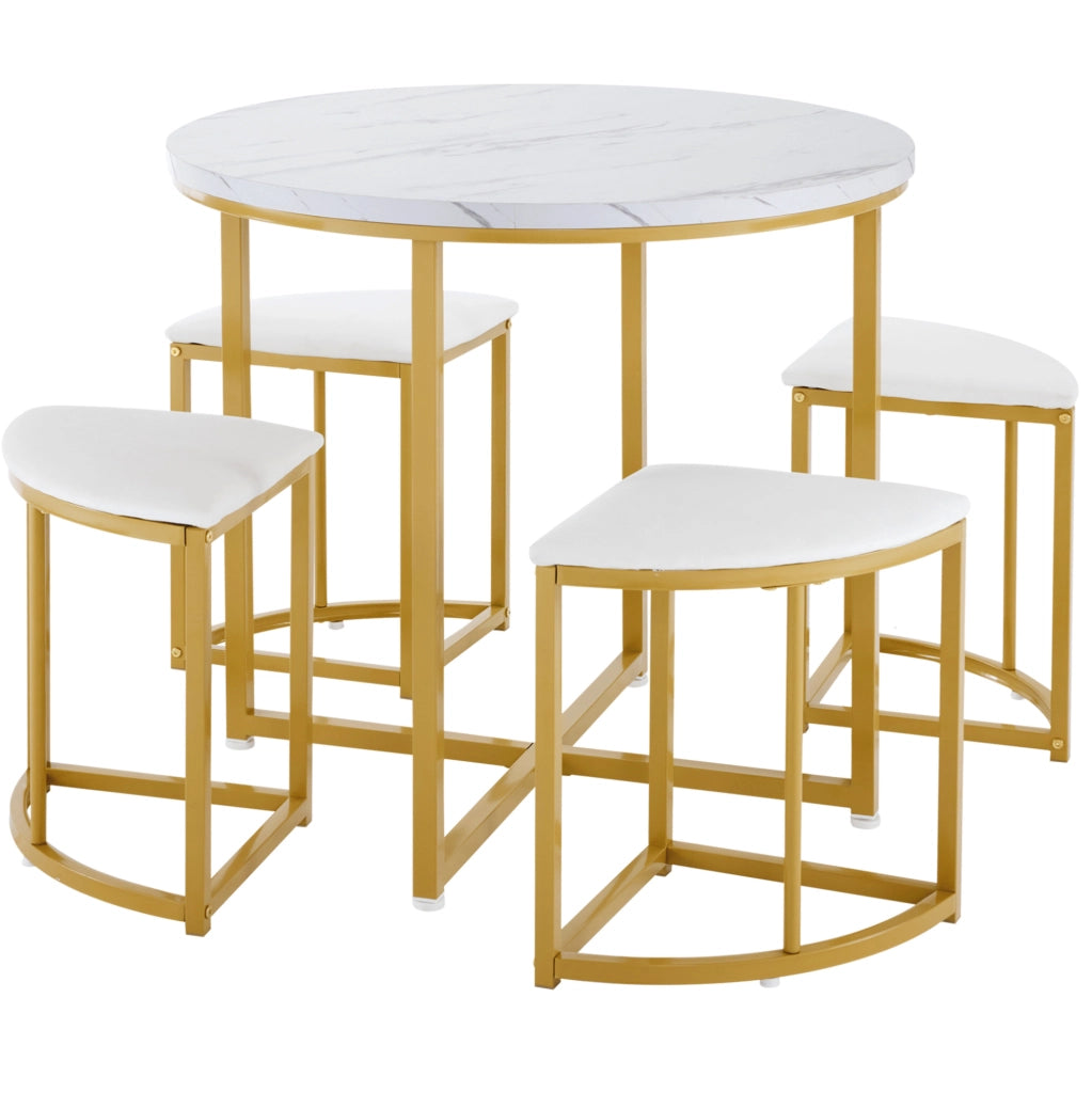 Set da pranzo con tavolo rotondo 80x80x75 cm e 4 sedie; MDF bianco e metallo oro