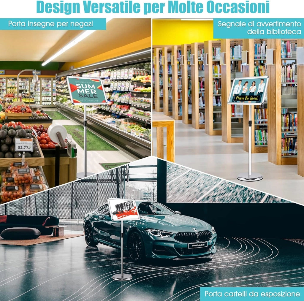 Set 2 Pezzi Supporto Poster Menù Stand per Pubblicità da Terra in Metallo, Girevole e Regolabile in Altezza, A4 / A3 (A3 Argento x 2)