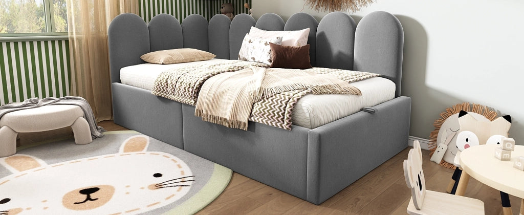 DESMIU Letto Singolo 90 × 190 cm con contenitore idraulico, in velluto, senza materasso, grigio