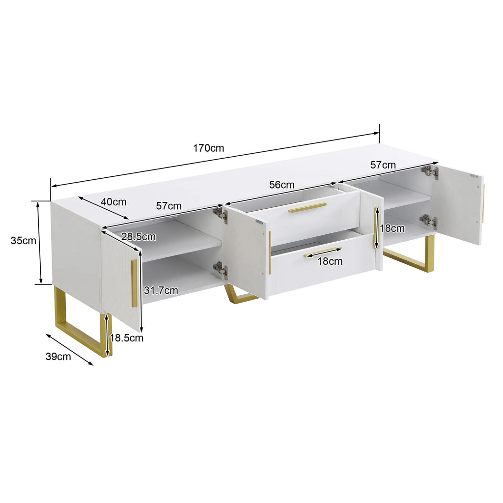Mobile TV con 4 Ante; 2 Cassetti e Passacavi; Bianco Lucido; Piedini Dorati; 170¡Á40¡Á53;5 cm; in MDF; Bianco