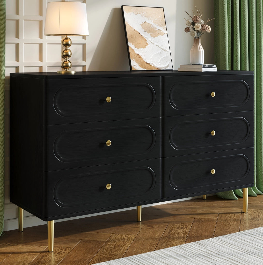 Credenza ULEVR 120x40x75 cm con 6 cassetti e gambe in metallo, nera