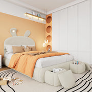 OKWISH Letto Contenitore 140×200 cm, Letto Matrimoniale con Orecchie da Coniglio, LED Regolabile e 2 Pouf Contenitore, senza Materasso, Velluto, Beige