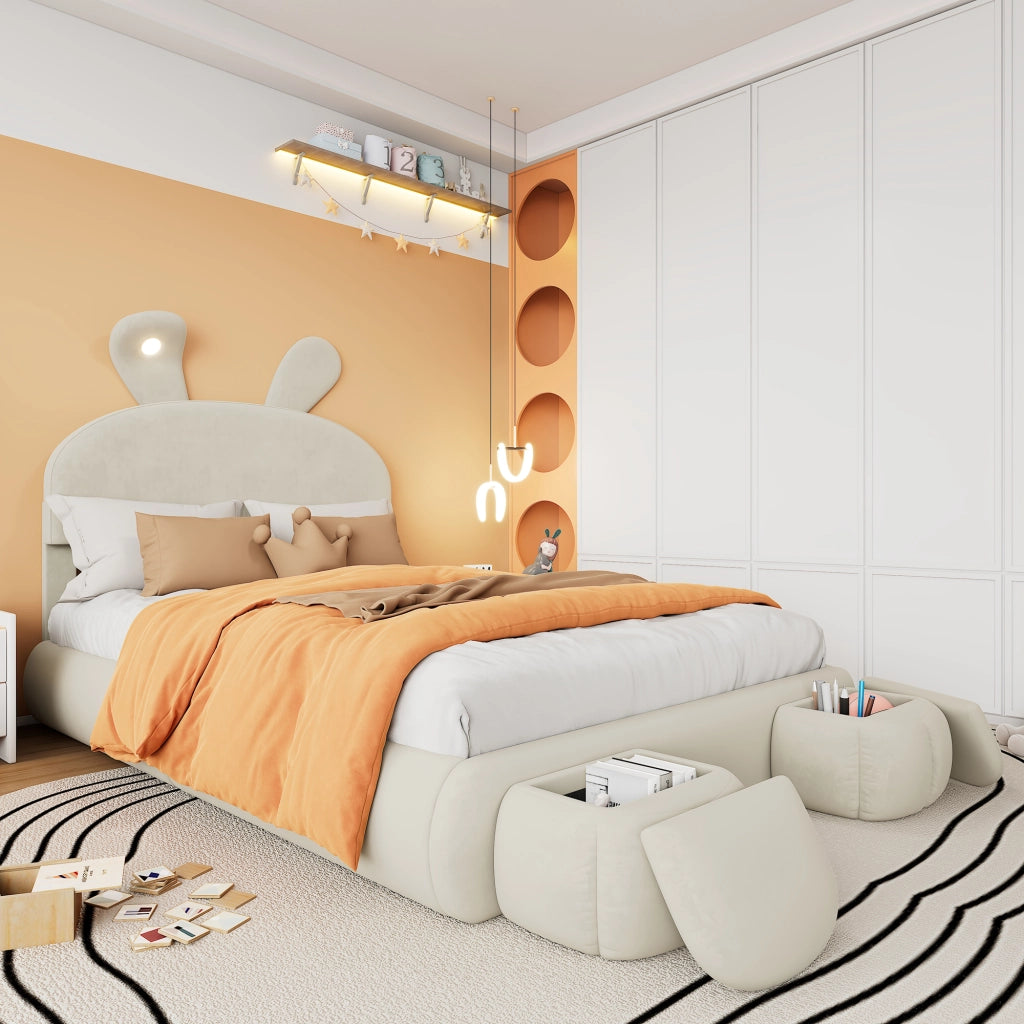 OKWISH Letto Contenitore 140×200 cm, Letto Matrimoniale con Orecchie da Coniglio, LED Regolabile e 2 Pouf Contenitore, senza Materasso, Velluto, Beige