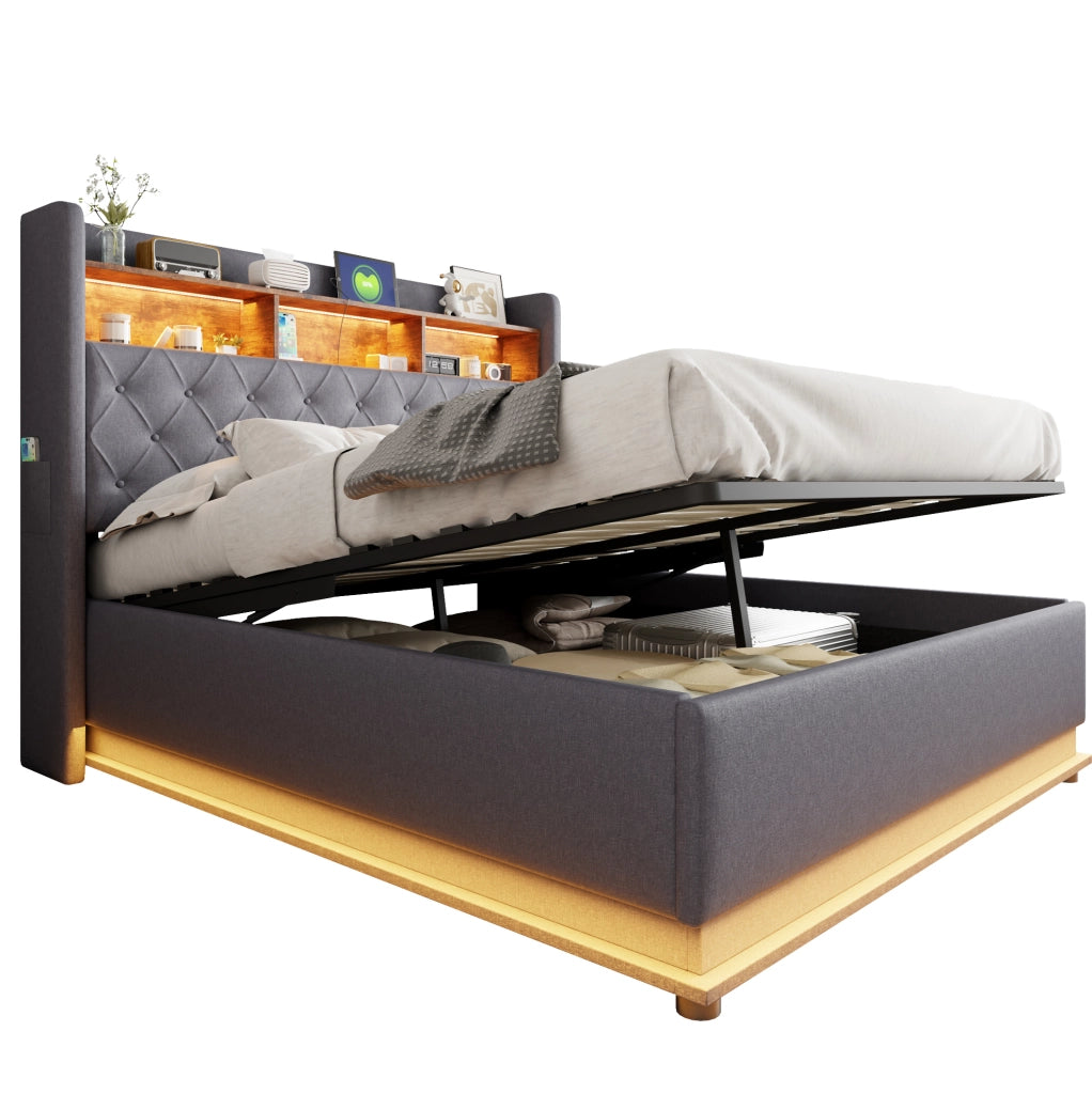 Letto imbottito con LED e porta USB 160x200 cm; contenitore idraulico; tessuto effetto lino grigio