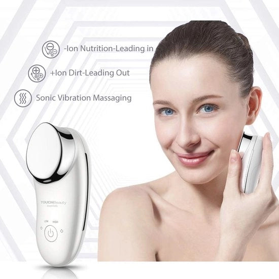 Apparecchio per massaggi facciali con vibrazioni sonore e infusione di ioni per la pulizia e cura a profondità.
