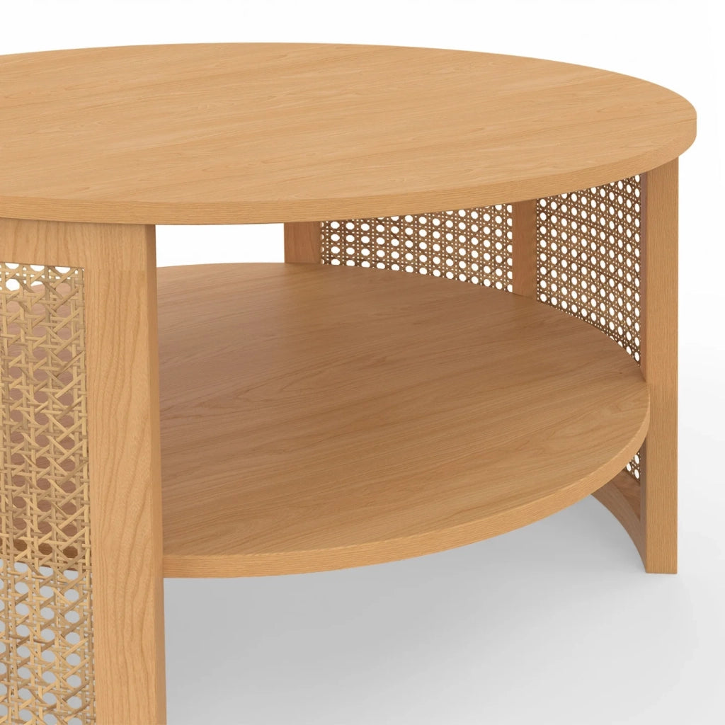 IDMarket - Tavolino rotondo EDHEN 70 cm con canna naturale ed effetto legno