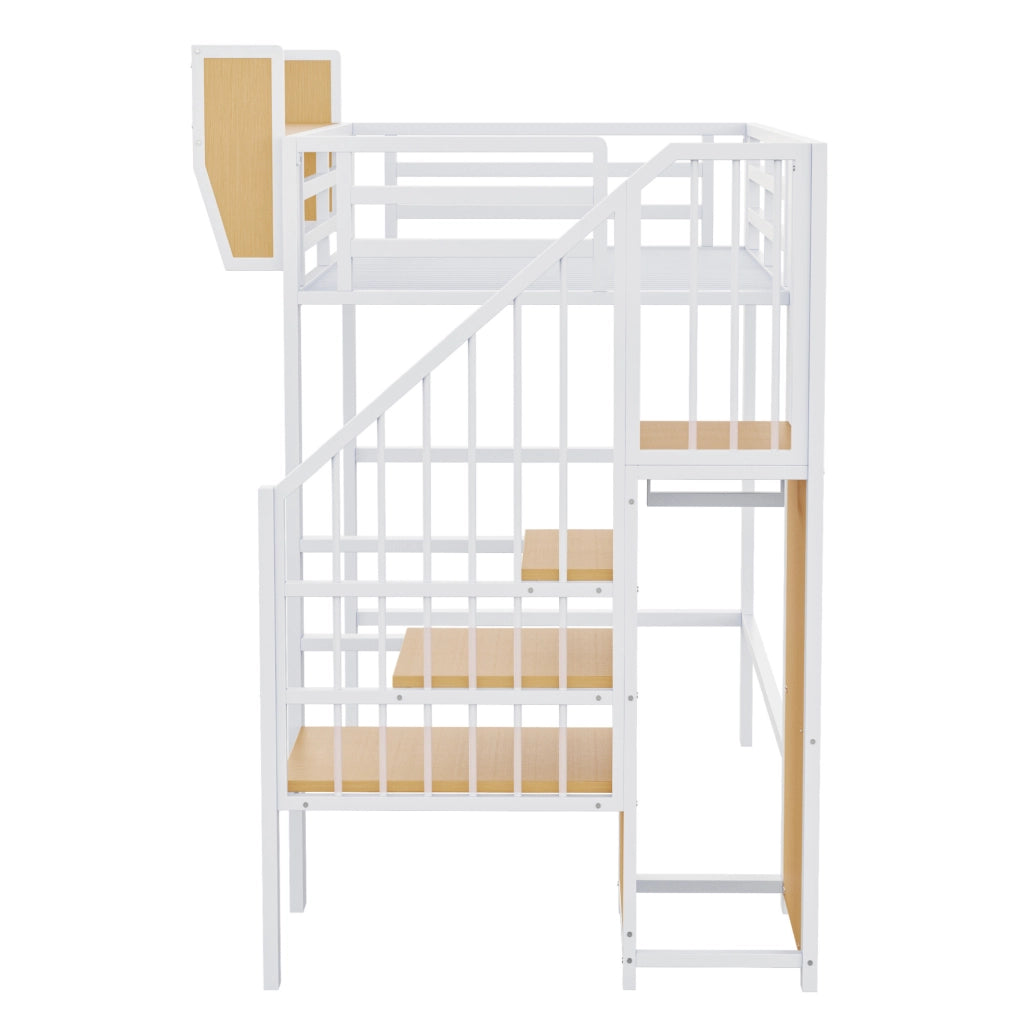 Letto a soppalco 90x200 cm in metallo e MDF con scala di sicurezza; bianco
