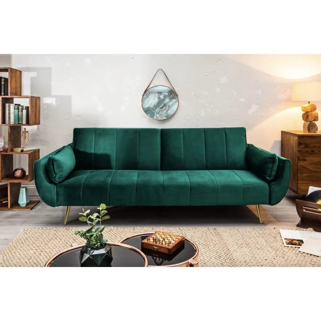 CANAPÉ DROIT DANNA VERT ÉMERAUDE – Canapé scandinave convertible en velours avec pieds en métal
