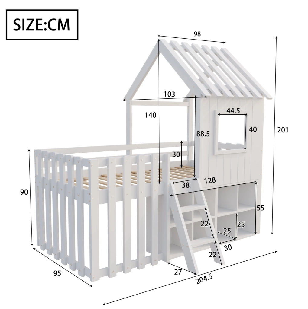Letto per bambini 90x200 cm con tetto; finestre e vani portaoggetti in legno