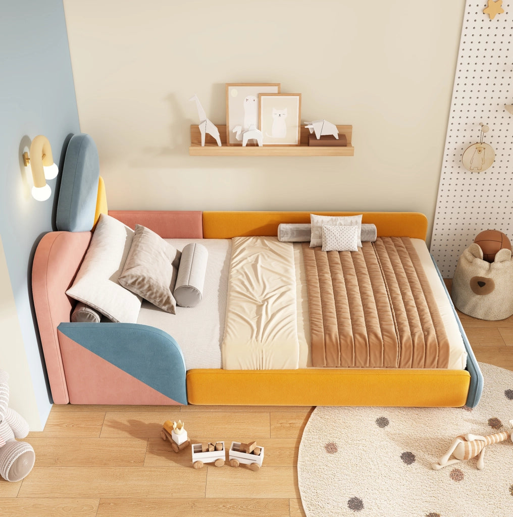 Letto imbottito 90x200 cm con protezione laterale rialzata in velluto multicolore