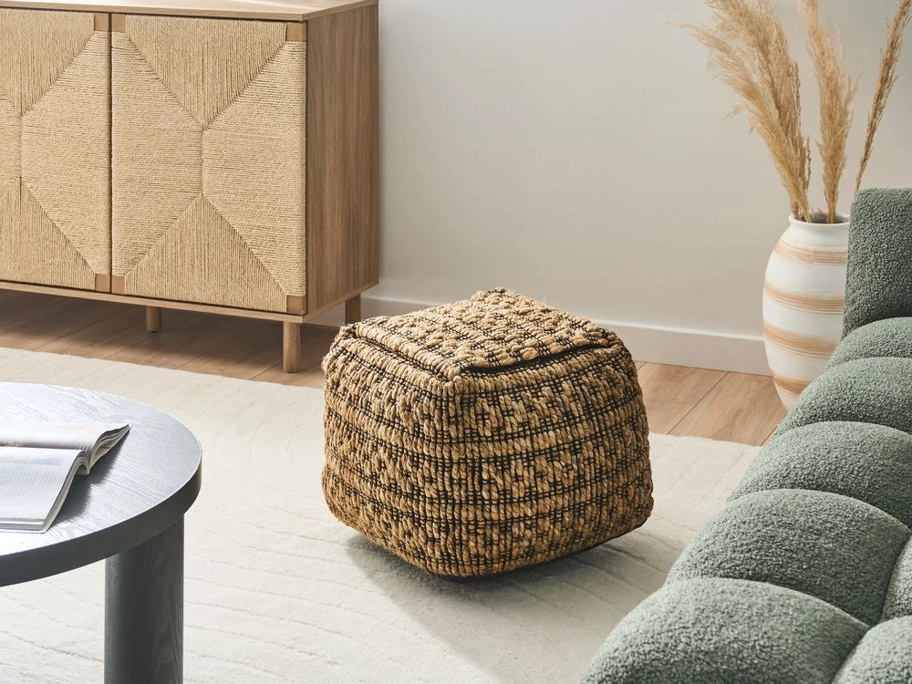 Pouf beige in iuta e cotone EPS con imbottitura di palline, pouf quadrato per il soggiorno in stile Boho
