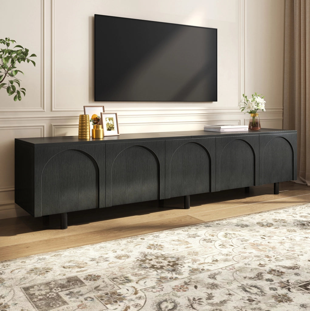 Mobile TV nero 180 cm con 5 ante arcuate e piedi in metallo