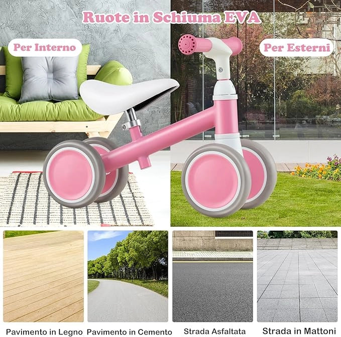 Bicicletta Senza Pedali per Bambini 1-3 Anni, Bicicletta Equilibrio con 4 Ruote, Manubrio e Sella Regolabili in Altezza, Bici per Bambini, Portata 25 kg