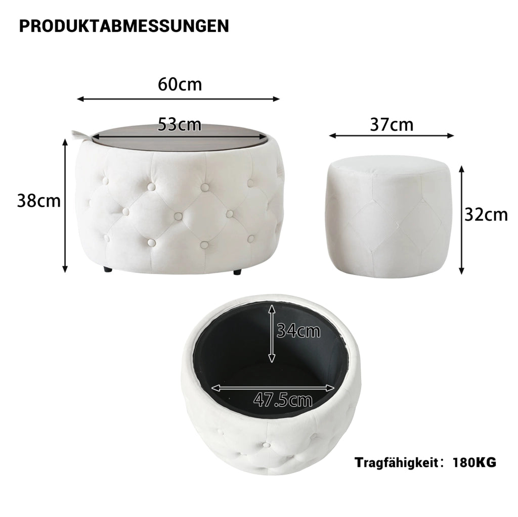 Set di 2 pouf contenitore rotondi in velluto beige 4 in 1