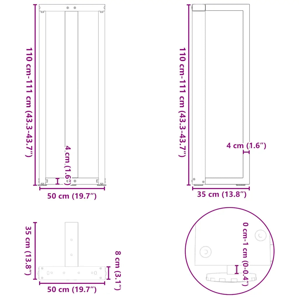 vidaXL Gambe per tavolo da bar a forma di T 2 pz nere 50x35x(110-111) cm in acciaio