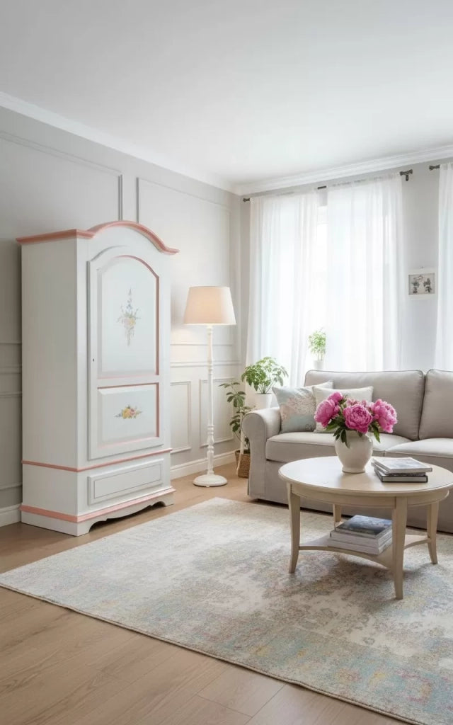 Armadio classico 1 anta shabby legno bianco decori filo rosa 96x56x196 - Mobili 2G