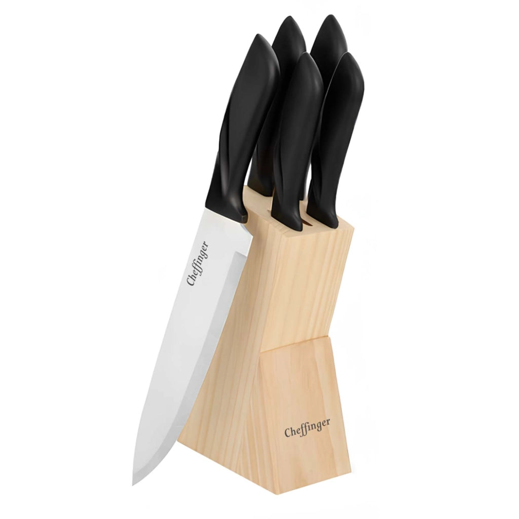 Set Coltelli 6 pezzi Inox con Blocco Portacoltelli in Legno Manici Ergonomici Nero / Argento Cheffinger