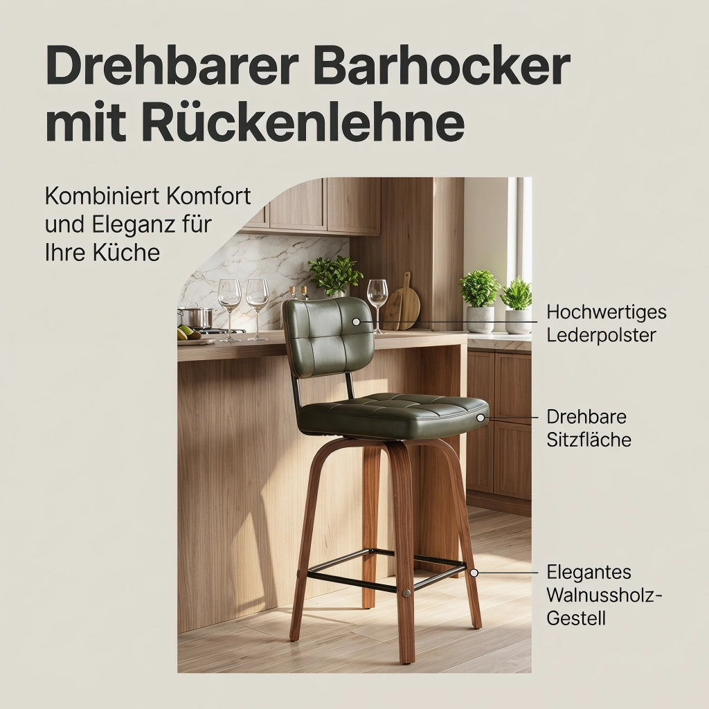 Sgabello da bar girevole con schienale ergonomico e rivestimento in PU, struttura in metallo e legno verde