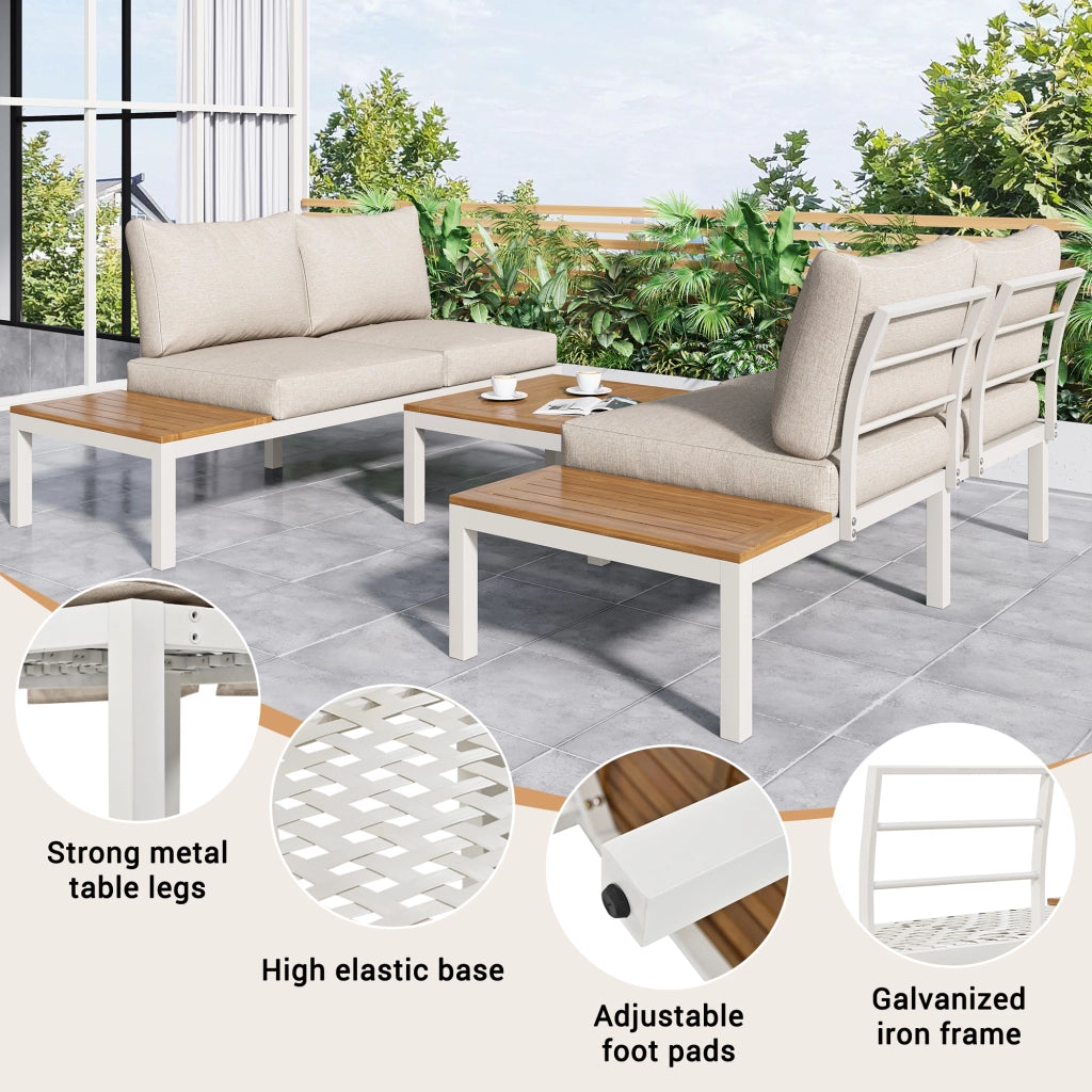 Salotto da Giardino con 2 Divani 2 Posti; 2 Tavolini Laterali e 1 Tavolino; per Terrazza; Ferro; Beige