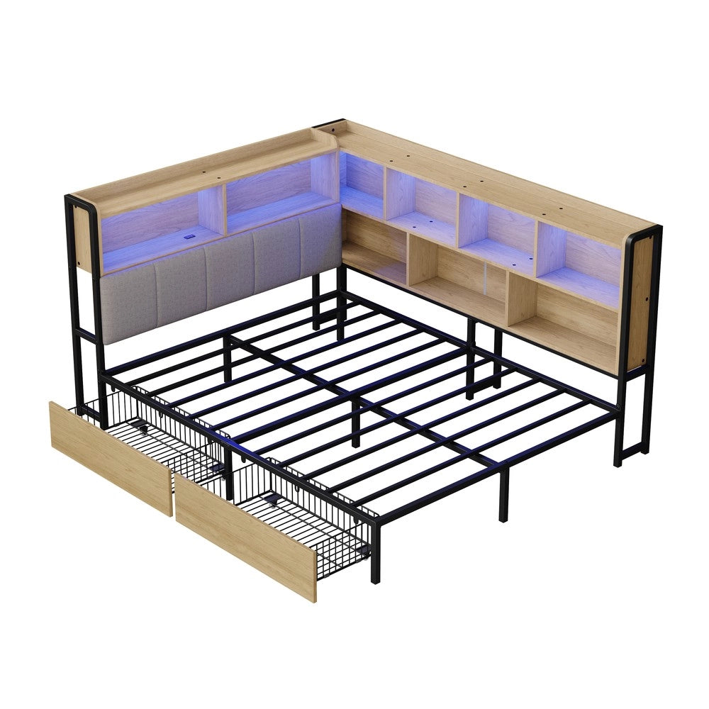 Letto Imbottito con LED, USB, 2 Cassetti e Rete a Doghe in Metallo ¨C Xylo ¨C 140x200, Naturale