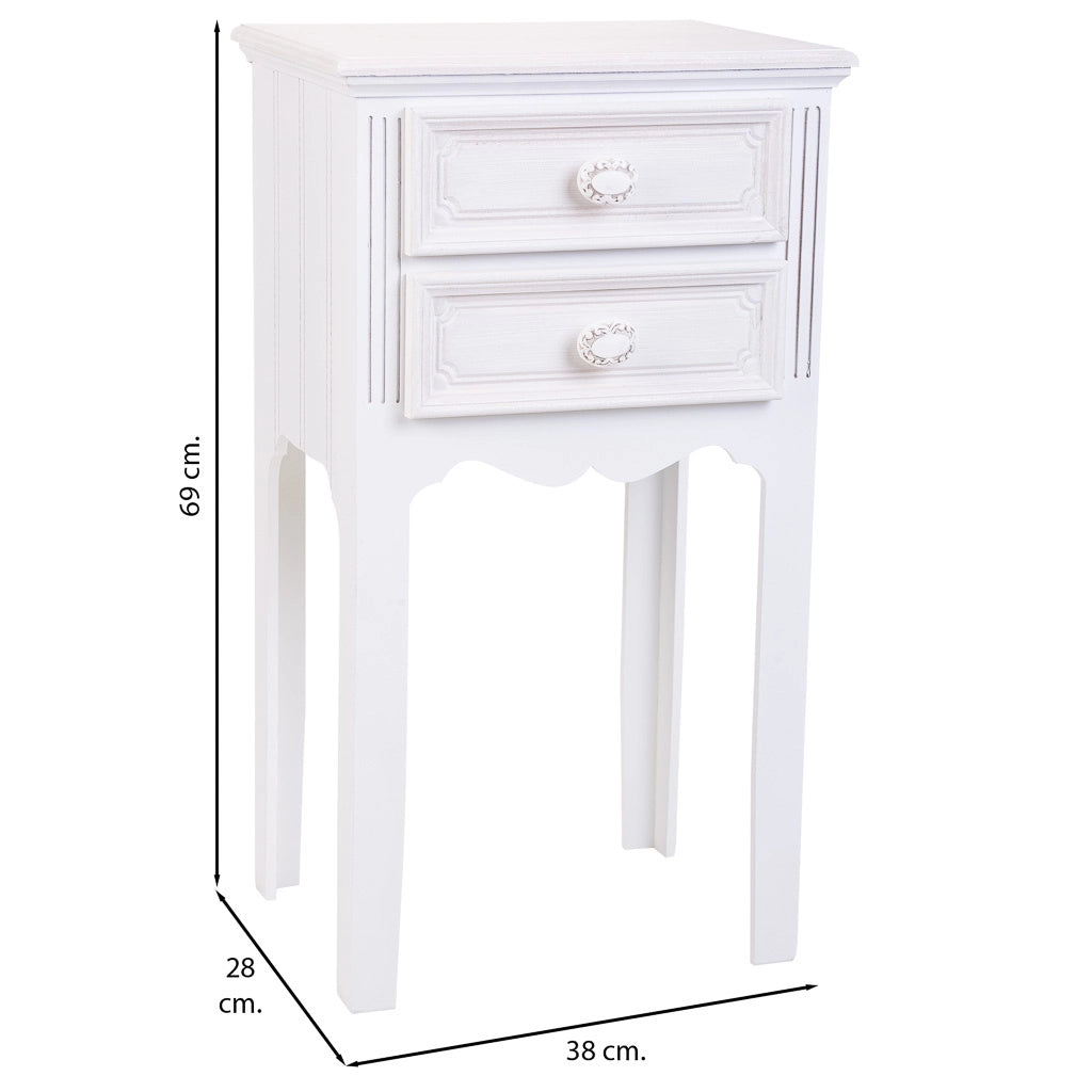 Comodino in legno con 2 cassetti bianchi 38x28x69.