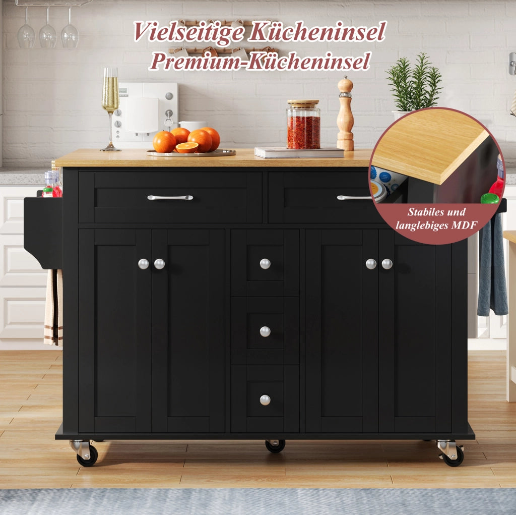 Carrello cucina mobile nero/naturale con piano pieghevole e cassetti
