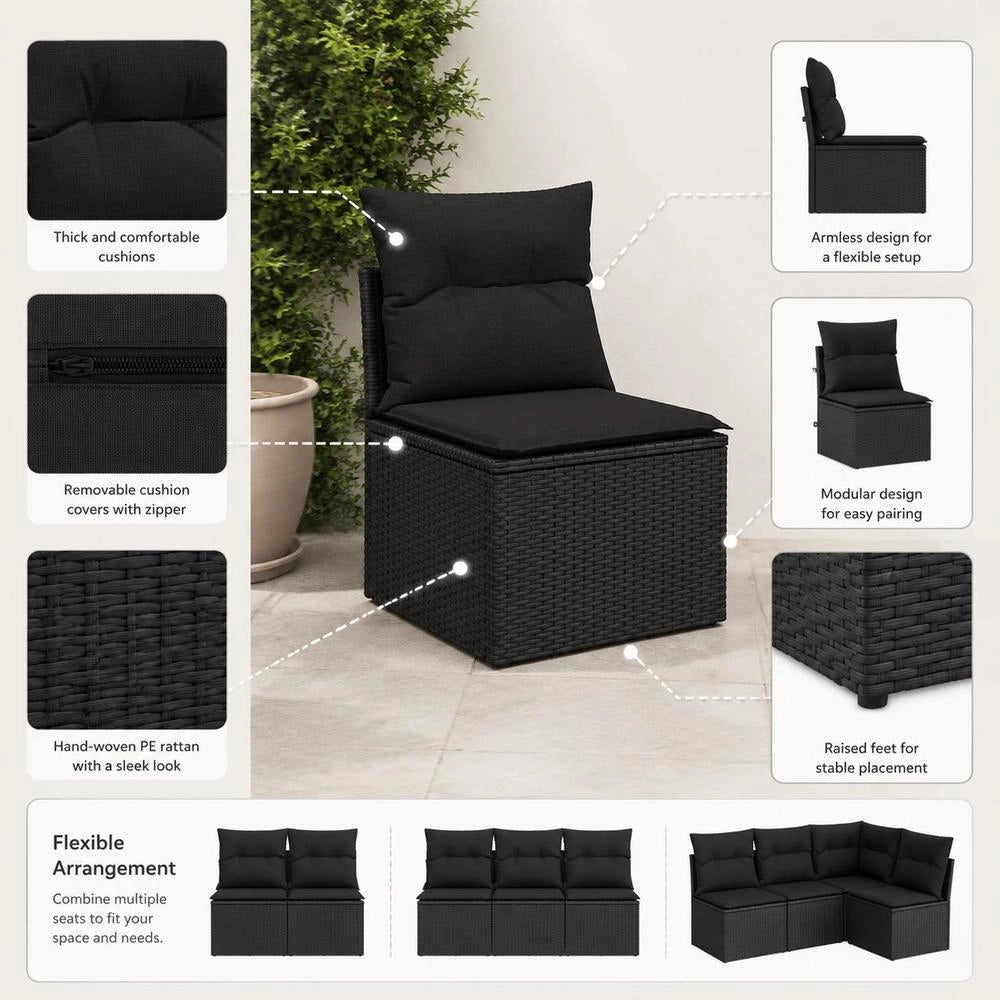 Garden Chair Without Armrests With Cushion, Black Poly Rattan