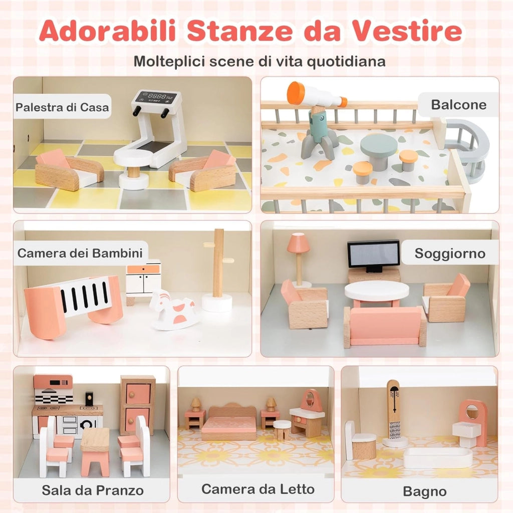 Casa delle Bambole in Legno, Casetta delle Bambole a 3 Piani con 41 Mobili e Accessori, Giocattolo per Bambini 3+ Anni,107 x 82,5 x 94,5 cm (Rosa)