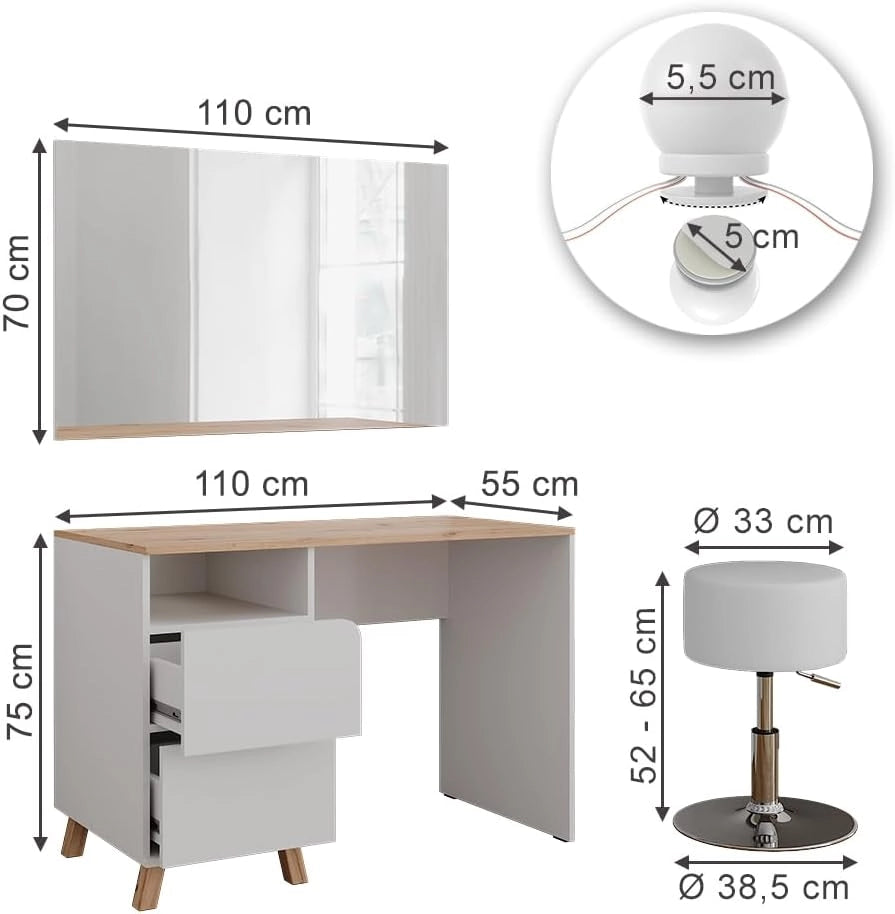 Tavolo da toeletta Karen, Bianco/Artisan, 110 cm con sgabello e luci fiabesche a LED, Materiali robusti per un utilizzo duraturo