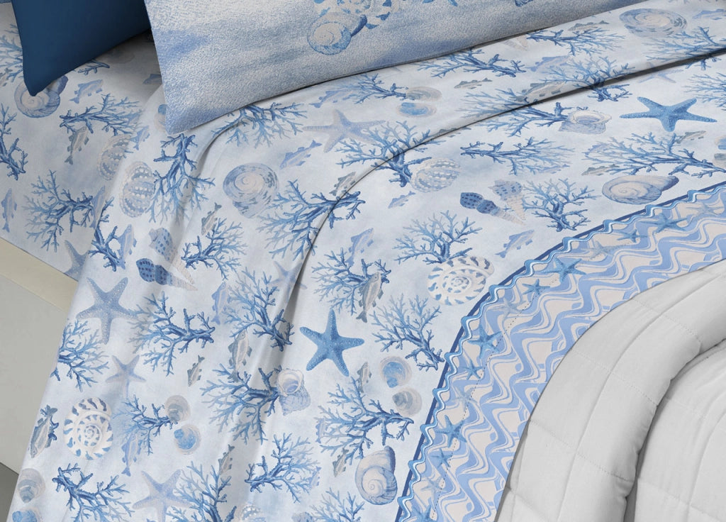 Completo Lenzuola Letto Pensieri Delicati 100% Cotone Dis. Marina New - Matrimoniale - Blu