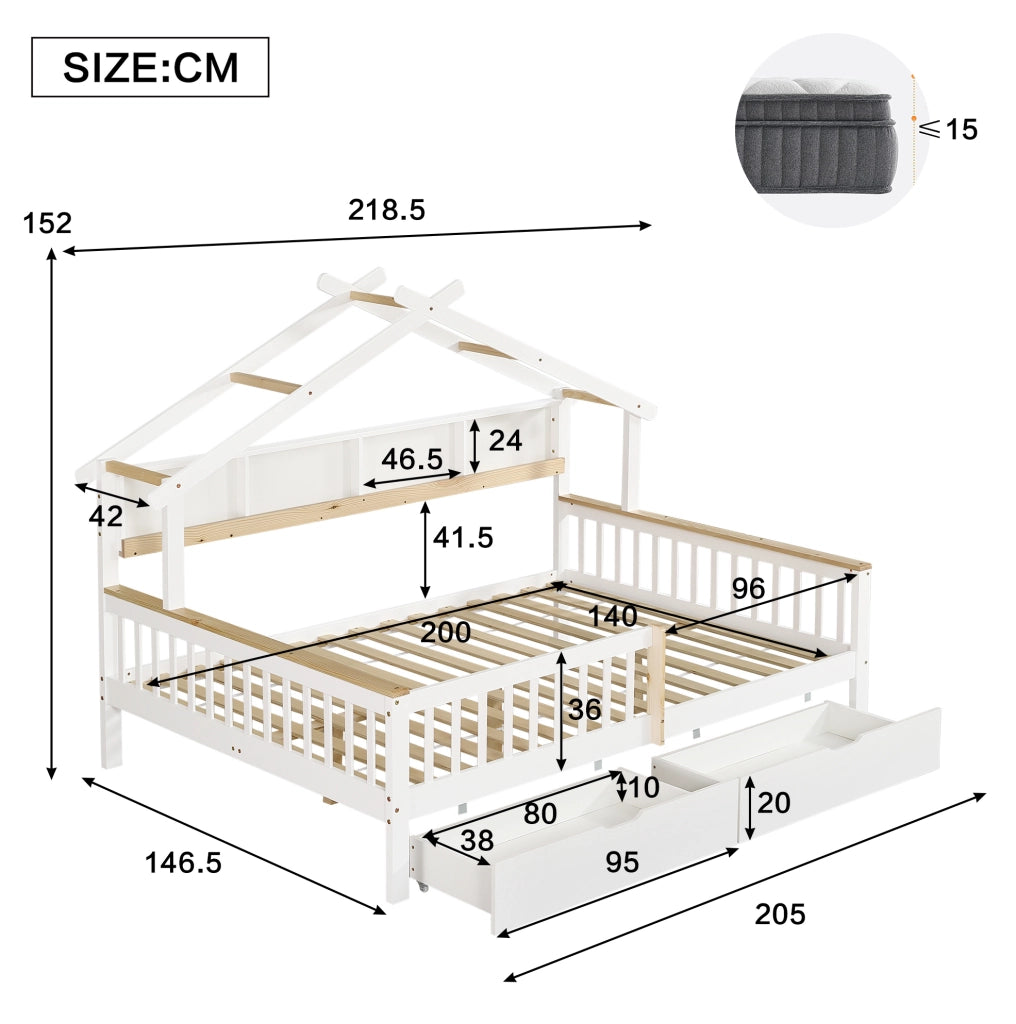 Letto per bambini 140x200 cm con tetto e 2 cassetti