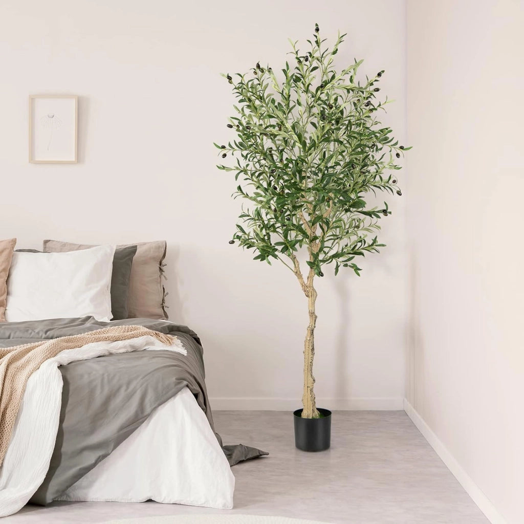 Pianta Finta da Interno da 182 cm, Olivo Artificiale da 2 Pezzi con Vaso di Cemento, 1296 Foglie e 72 Frutti, Pianta Finta per Soggiorno, Ufficio e Negozio (1)