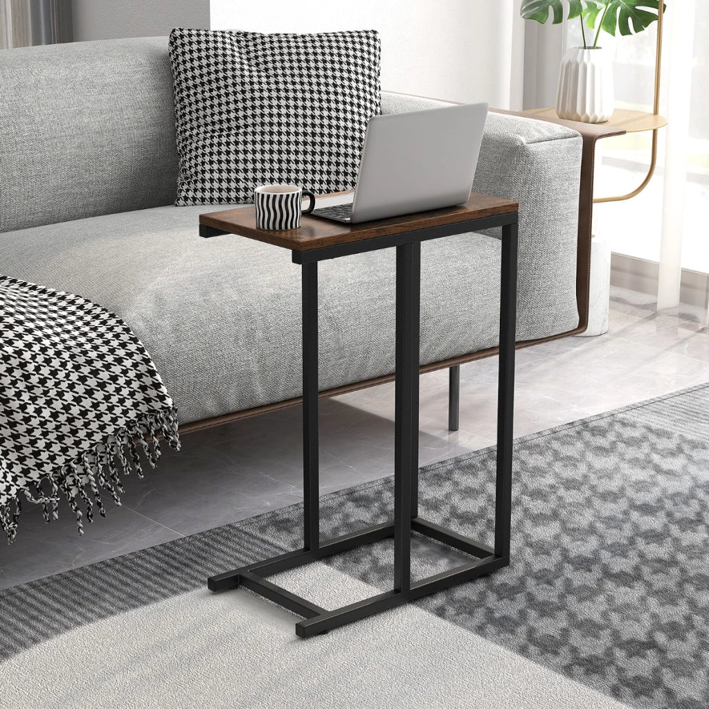 Tavolino a forma di C per divano e letto-Tavolino da soggiorno altezza 64cm con struttura in metallo Marrone Rustico
