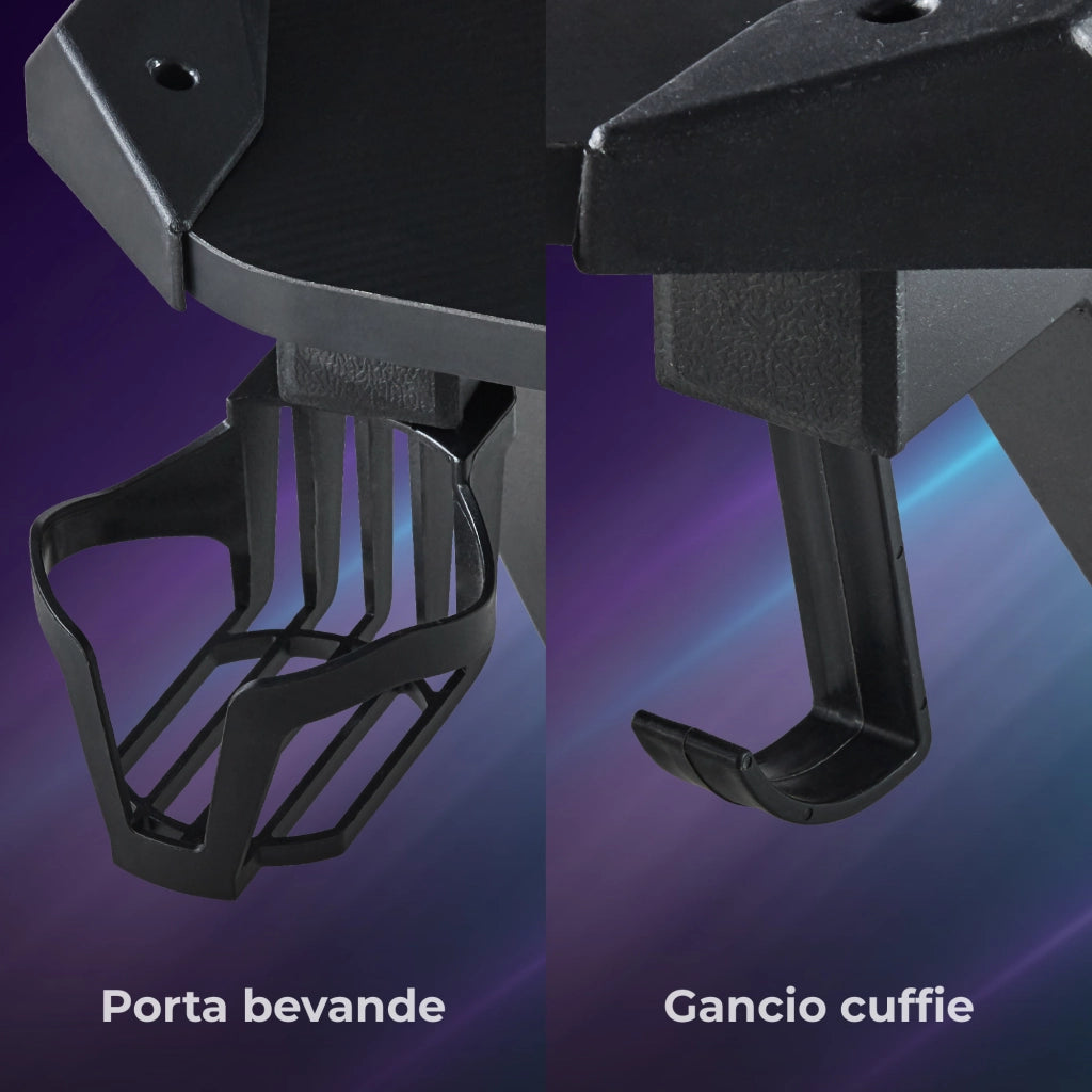 Scrivania Gaming RGB 120x60 cm con Porta Bicchiere e Gancio Cuffie, Tavolo Gamer Nero Design Ergonomico, Desk PC per Gaming e Smart Working