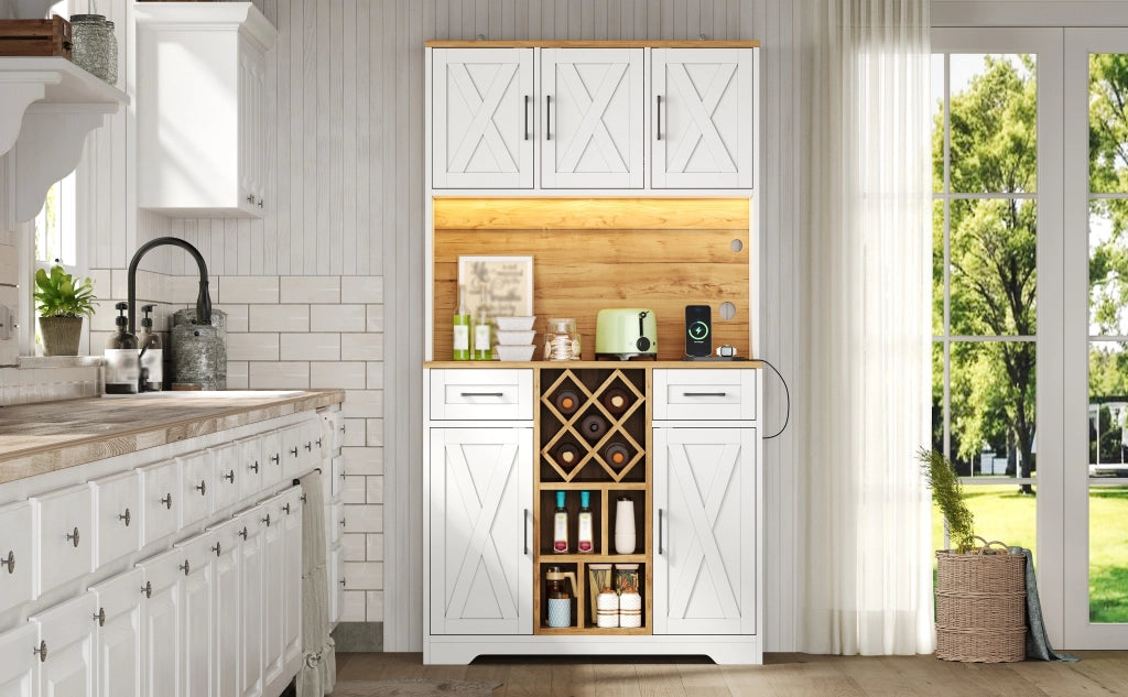 Credenza alta da cucina con LED, 2 cassetti, vani aperti, portabottiglie e prese, per cucina e soggiorno 105 × 40 × 180 cm