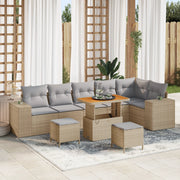Set divani giardino  9 pezzi con cuscini polyrattan beige e acacia