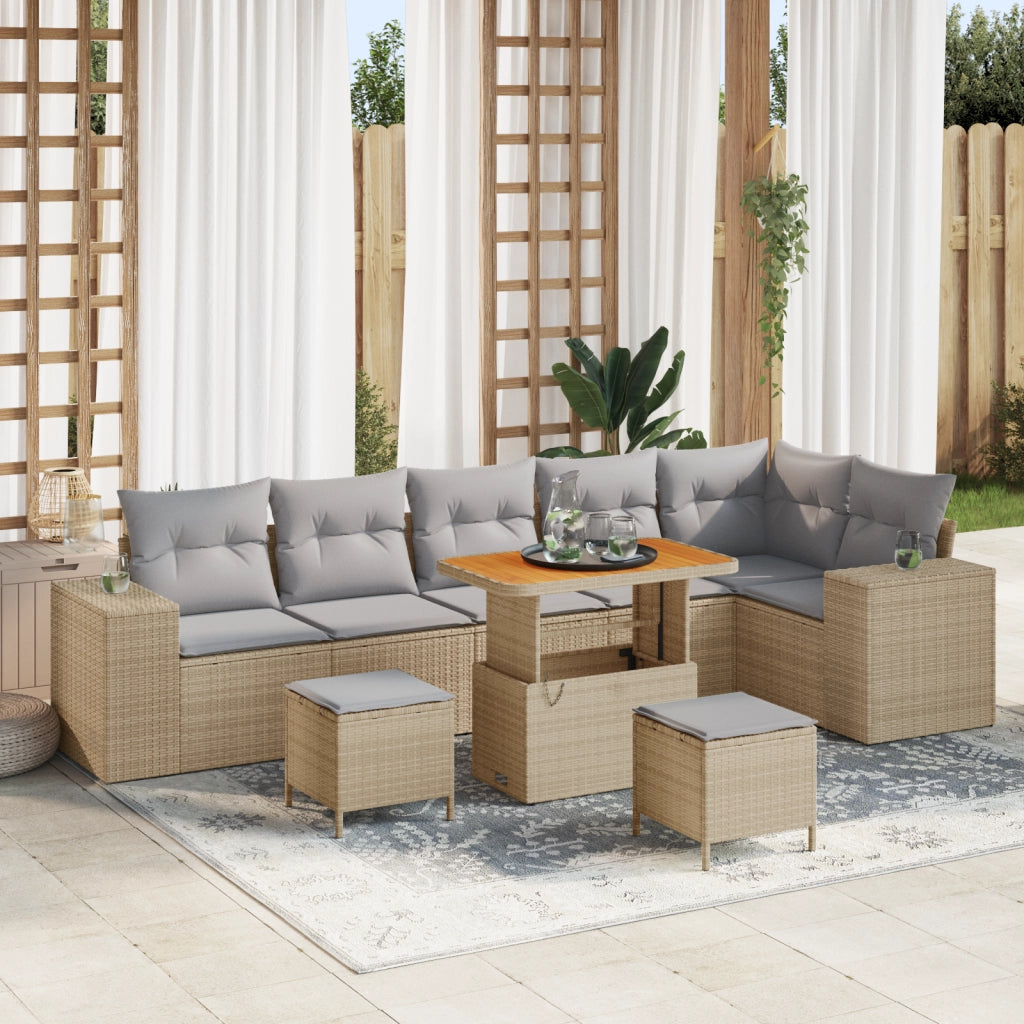 Set divani giardino  9 pezzi con cuscini polyrattan beige e acacia