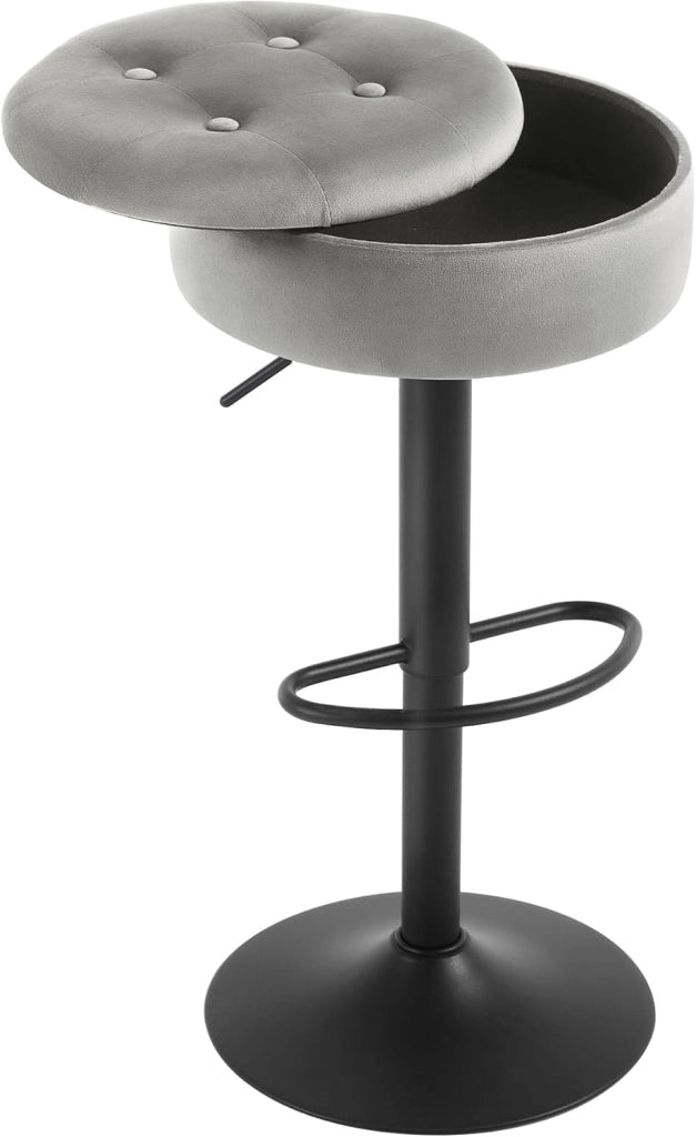 Sgabello Cucina, Sgabello da Bar Alto con Spazio Contenitivo, Sedia Regolabile in Altezza e Girevole a 360°, per Cucina Sala da Pranzo Bar Bancone, Velluto, Metallo, Nero