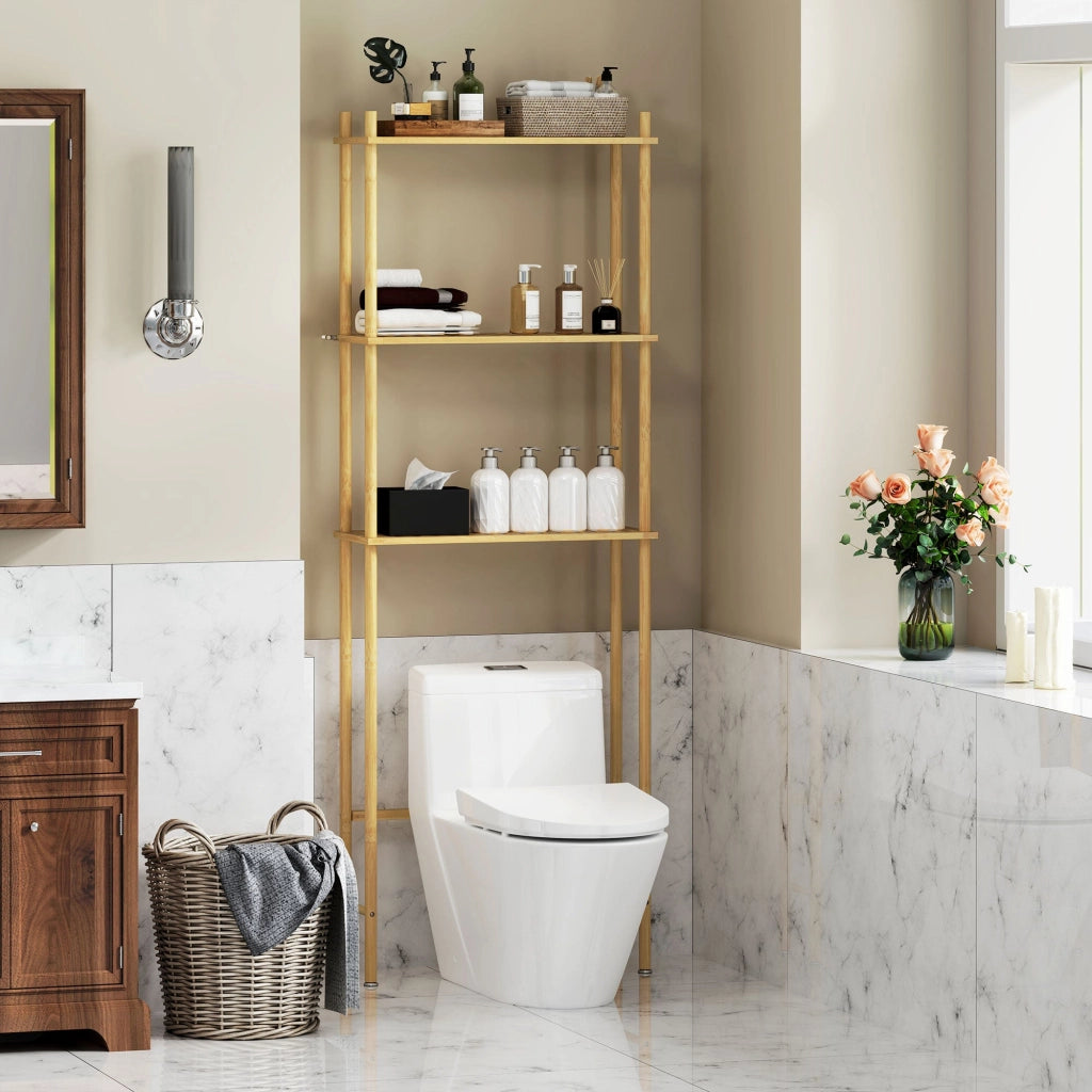 Mobile Sopra WC 63,5x25,5x181 cm a 3 Ripiani a Doghe Salvaspazio in Bambù