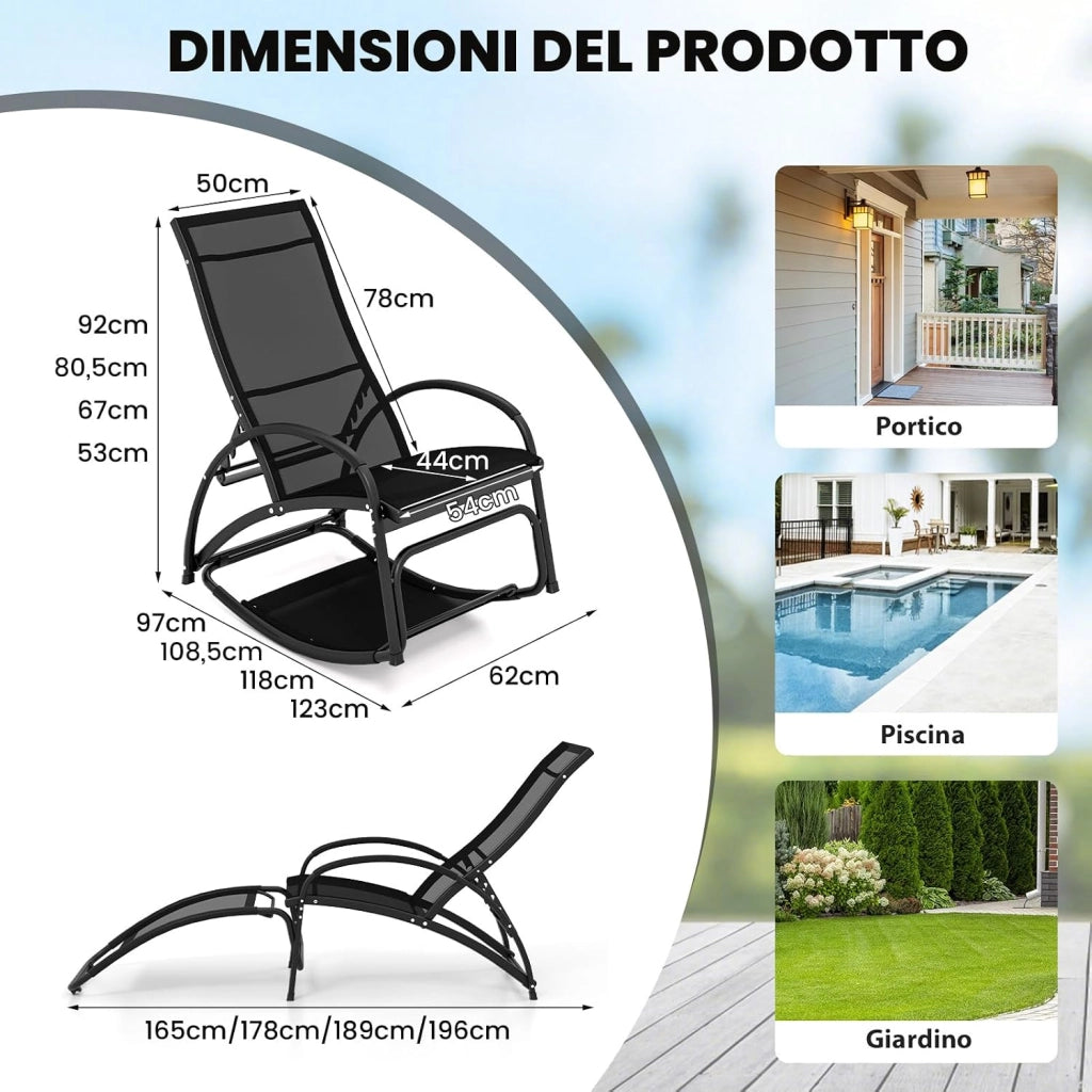 Sedia a Dondolo 2 in 1 da Giardino, Lettino Prendisole Convertibile con Schienale Regolabile a 4 Posizioni, Braccioli Curvi e Telaio in Alluminio, per Patio e Piscina, Portata 150 kg (Nero)