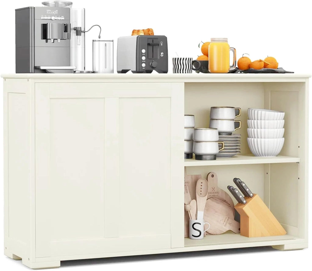 Credenza Cucina con Ripiano Regolabile, Dispositivi Anti-Ribaltamento e Ante Scorrevoli, Mobile Buffet Dispensa Cucina in MDF, Armadietto a Buffet per Sala da Pranzo, 107x33x60cm (Crema)