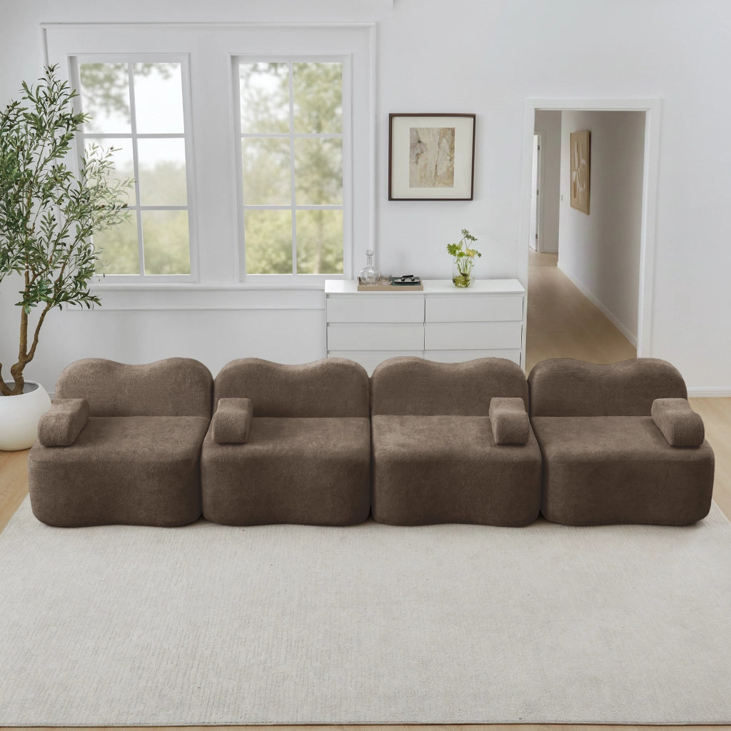Divano modulare da soggiorno in velluto marrone 384x98x70 cm con seduta profonda