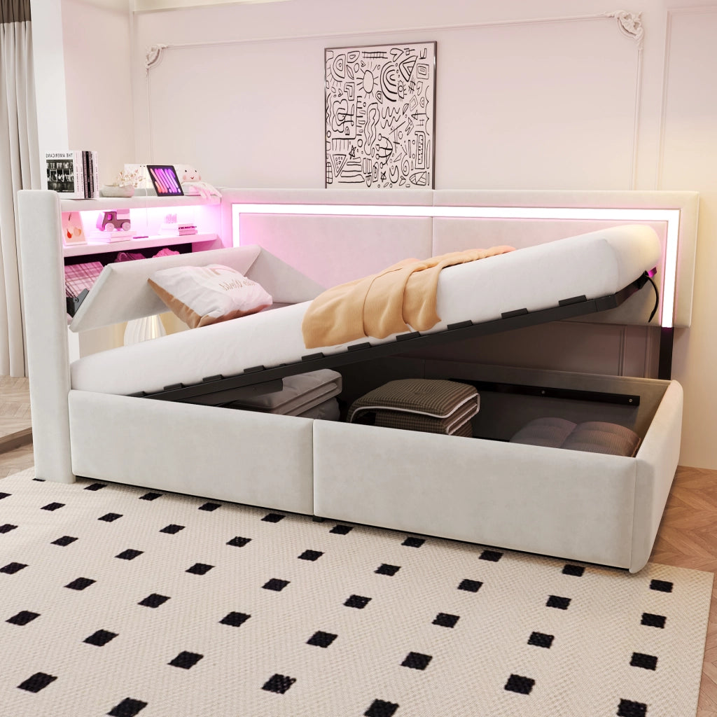 Letto singolo contenitore 90×200 cm con LED; USB; testiera con ripiani; senza materasso; velluto beige