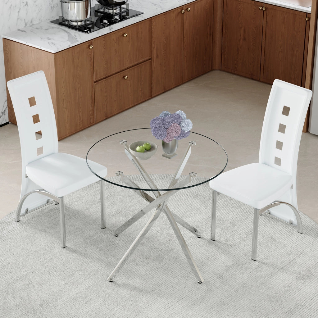 Set tavolo cucina e sedie con 1 tavolo rotondo e 2 sedie imbottite; vetro temperato e metallo; bianco e argento