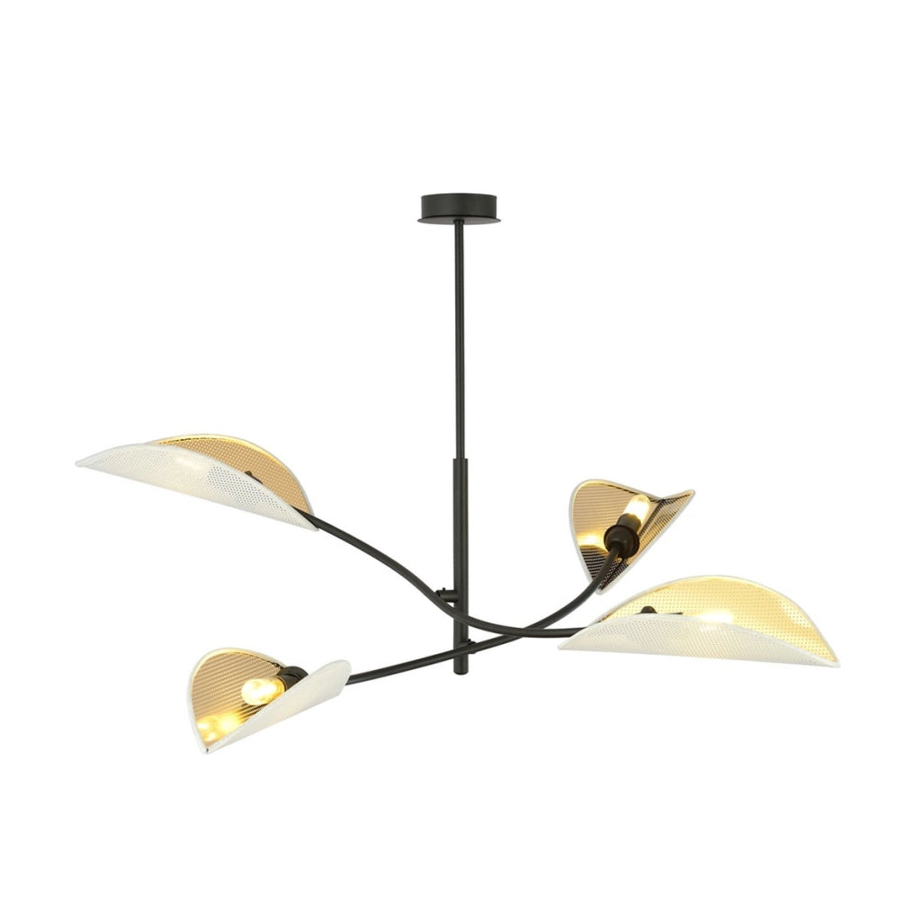 Lampada a sospensione Lotus in acciaio nero e paralumi bianco e oro