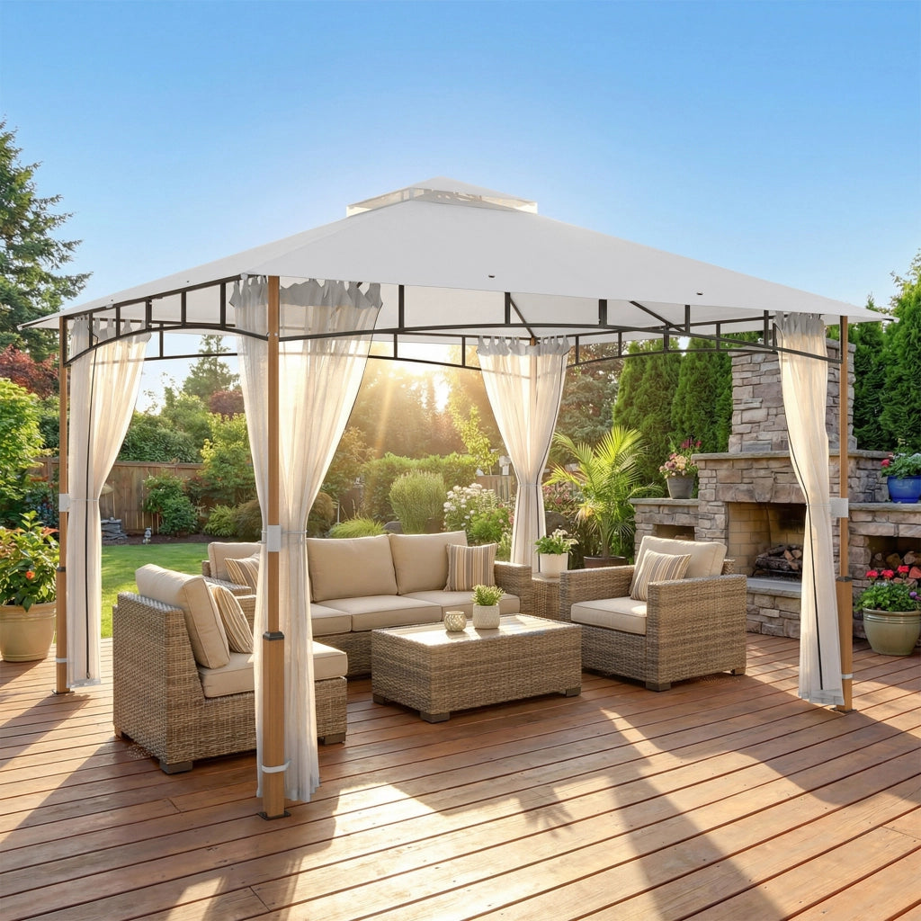 Gazebo 3 x 3,6 m, Tetto Doppio UPF50+ con Rete, Crema
