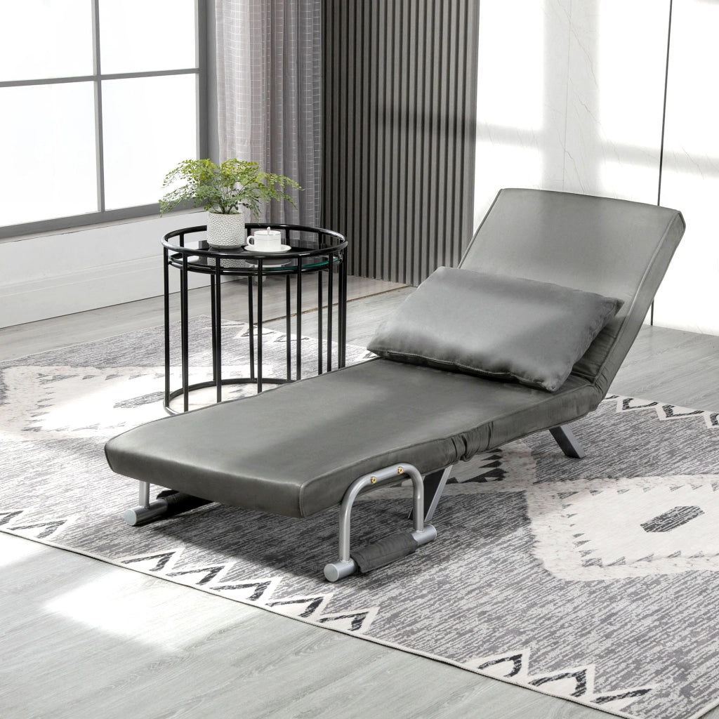 EasyComfort Poltrona Letto Singolo 3 in 1 con Schienale Reclinabile su 5 Livelli e Cuscino, Divano Letto Singolo Pieghevole per Soggiorno e Salotto in Pelle Scamosciata e Metallo, 65x69x80 cm, Grigio