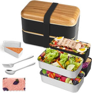 Bento Box in stile giapponesi, 2-traps lattina per pranzo con 2 pezzi di contenitori PP ecocompatibili e contenitori in acciaio inossidabile, cassetto per il pane con scomparti per bambini e adulti, confezione per snack