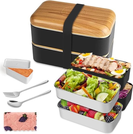 Bento Box in stile giapponesi, 2-traps lattina per pranzo con 2 pezzi di contenitori PP ecocompatibili e contenitori in acciaio inossidabile, cassetto per il pane con scomparti per bambini e adulti, confezione per snack